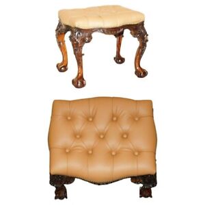 Restored Brown Leather Claw Ball Chesterfield Piano Or Dressing Table Stool