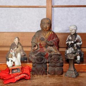 Japanese Pottery Wood Clay Buddha Statue Ebisu Daikoku Inari Fox Ornament Wb171