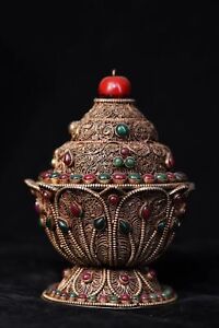 5 5 Inch Tibetan Silver Filigree Gem Pure Handmade Buddhist Jar Kapala Skull Cup
