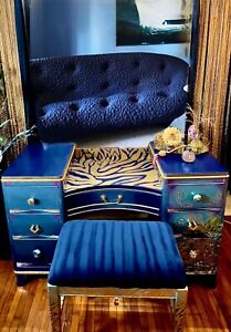 Hand Painted Antique Waterfall Makeup Vanity Dresser With Mirror