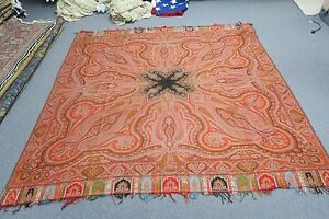 Antique Victorian Jacquard Paisley Woven Wool Shawl Throw Tablecloth 74 Square