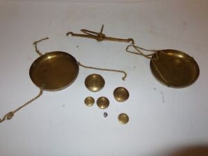 Antique Portable Hanging Scale Parts Weights Dish Tray Made In India Brass