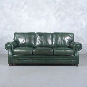 1980s Vintage Leather Sofa Restored Dark Green Elegance