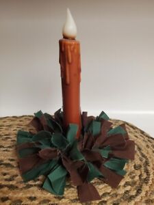 Country Primitive Green Brown Mini Rag Wreath Taper Candle Ring