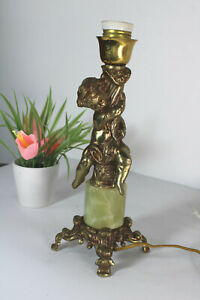 Vintage French Brass Putti Cherub Figurine Onyx Marble Table Lamp
