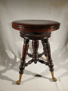 Antique Wooden Screw Adjustable Piano Stool Seat Eagle Claw Ball Footed Legs