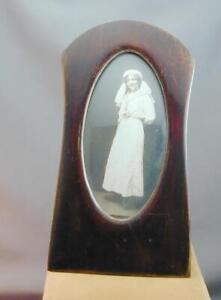 Antique Art Nouveau Convex Glass Wooden Easel Photo Frame W Young Woman