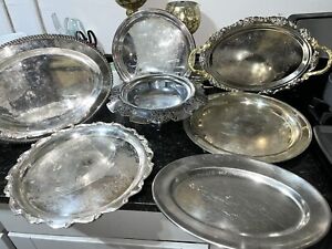 Lot Of 6 Vintage Silver Plated Serving Trays 1 Nickel Plated