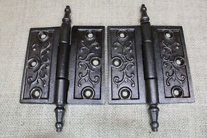 2 Old Door Hinges 4 X 4 Antique Steeple Top Vintage Victorian Cast Iron Vines