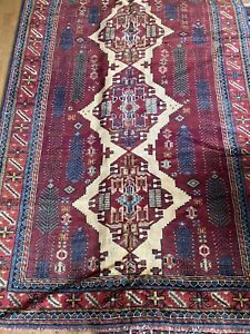 Deep Pile Kurdish Tribal Rug 6 X 10 Dated 1946 Red Blue Cream Natural Dyes
