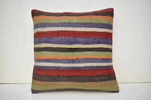 Turkish Kilim Pillow Cover 15 X 15 Hand Woven Tribal Wool Striped Cushion