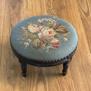 Footstool Victorian Colonial Floral Needlepoint Embroidery Wood Stool Vintage