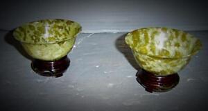 Great Antique Chinese Pair Of Spinach Green Translucent Jade Bowls Wood Stands