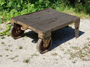 Antique 1890 S Industrial Factory Railroad Iron Steel Cart Wood Planks Table