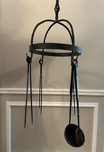 Antique Hand Forged Iron Cooking Stove Fireplace Pot Rack Game Hooks Utensils