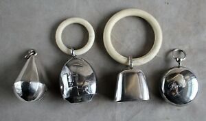 Set Of 4 Antique Dutch 833 Silver Teething Rings And Rattles C 1890