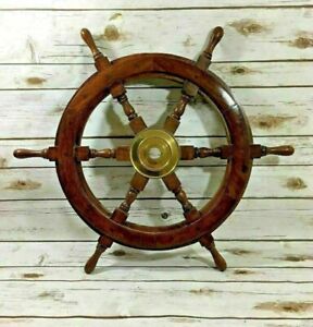 24 Brass Wooden Vintage Ship Steering Wheel Pirate D Cor Wood Fishing Wall Boat