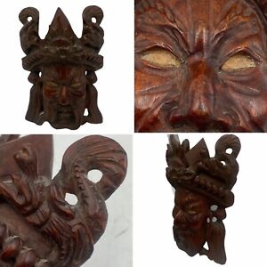 Vintage Asian Oriental Small Hand Carved Emperor Dragons Wooden Mask Plaque