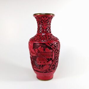 Vintage Chinese Hand Carved On Brass Scenic Vase 4 8 Fire Red Cinnabar 