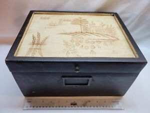 Antique Vintage Wooden Document Box Primitive Painted Top Repaired Hinge Area