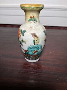 Vtg Antique Chinese Crackle Vase 6 1900 Hand Painted Rooster Design Signed