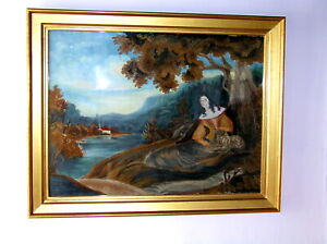One Of A Kind 18th C Antique American Large Hudson River Painting Stump Work