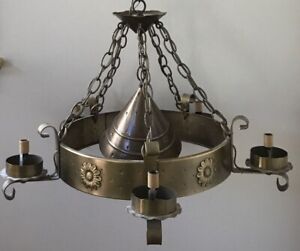 Vtg 70s Antique Style Brass Metal Floral Punched Tin Chandelier Light Fixture