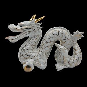 Vintage Chinese Porcelain Dragon Figurine White Gold Feng Shui Good Luck Fortune