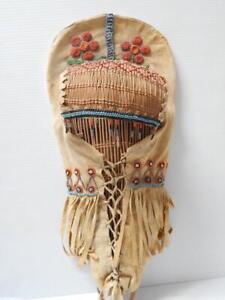Antique Vintage Shoshone Paiute Indian Beaded Doll Size Cradleboard Hide Covered