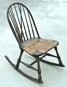 Antique Wooden Nursing Rocking Chair W Wicker Seat Spindles Back