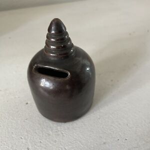 Antique Primitive Brown Stoneware Ovoid Coin Beehive Bank Jug W Finial 4 
