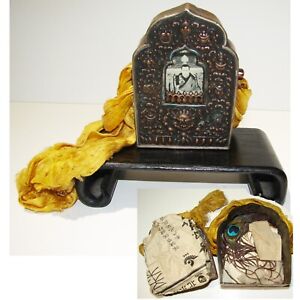 Antique Tibetan Buddhist Gau Copper Prayer Box W Original Silk Inside Contents