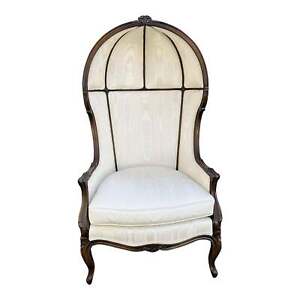 Vintage French White Louis Xv Style Carved Walnut Hooded Porters Chair