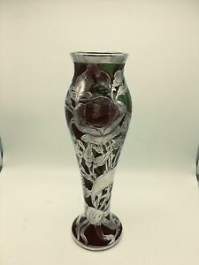 Antique 10 Green Glass Vase With Outstanding Floral Silver Overlay As Is 