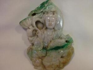 Vintage Chinese Carving Natural Jadeite Guanyin 5 X3 5 Plaque Figure Pendant 