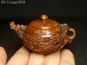 Chinese Boxwood Carved Dragon Pot Kettle Shape Netsuke Fengshui Table Decoration