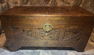 Five Side Hand Carved Vintage Chineese Camphorwood Ornate Detailed Chest