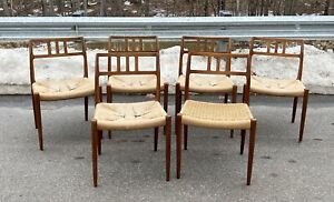 Vintage Set Of 6 Danish Modern Jl Moller Teak Dining Chairs Paper Cord Seat