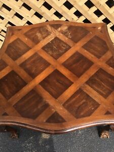 Antique Thick Ball Claw Foot Coffee Table Square Inlaid Wood Parquet Vintage