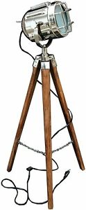 Vintage Spotlight Floor Lamp Wood Tripod Stand Searchlight Nautical Room Lamp