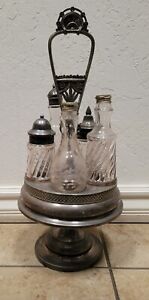 Vintage Castor Cruet Condiment Set Metal Stand 5 Bottles