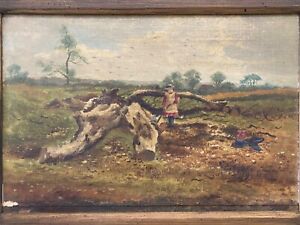  Antique Old 19th C Primitive American Folk Art Oil Painting Girl With Axe