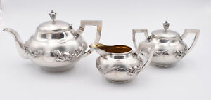 Antique Chinese Export Silver Tea Set Marked Dragon Decoration