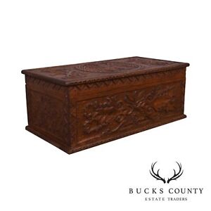 Antique Hand Carved Wood Chest With Eagle