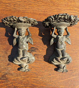 Antique Pair Cherub Cast Iron Wall Shelves Victorian Cherub Lamp Candle Sconces