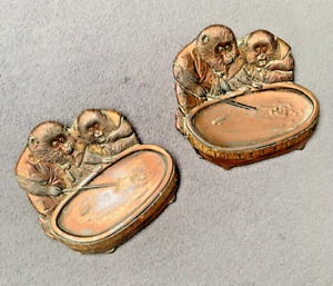 Antique Japanese Meiji Bronze Dish Tray Monkeys Set Of Two Fishing Rare
