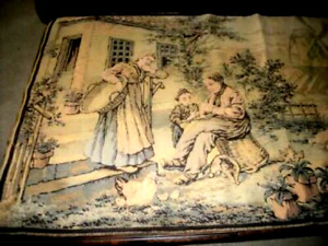 Antique Huge French Tapestry Peasants Roosters Windmill Old Colors Over 6 Feet