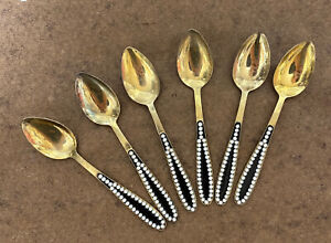 Russian Sterling Silver 916 Gilt Jeweled Cloisonne Enamel 6 Spoon Set