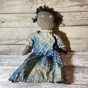 Sweet Primitive Antique Americana Handmade Doll Blue Calico Dress Alabama Aafa