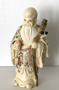 Chinese Resin Hand Painted Finely Carved Wise Man Figurine With Peach 6 H